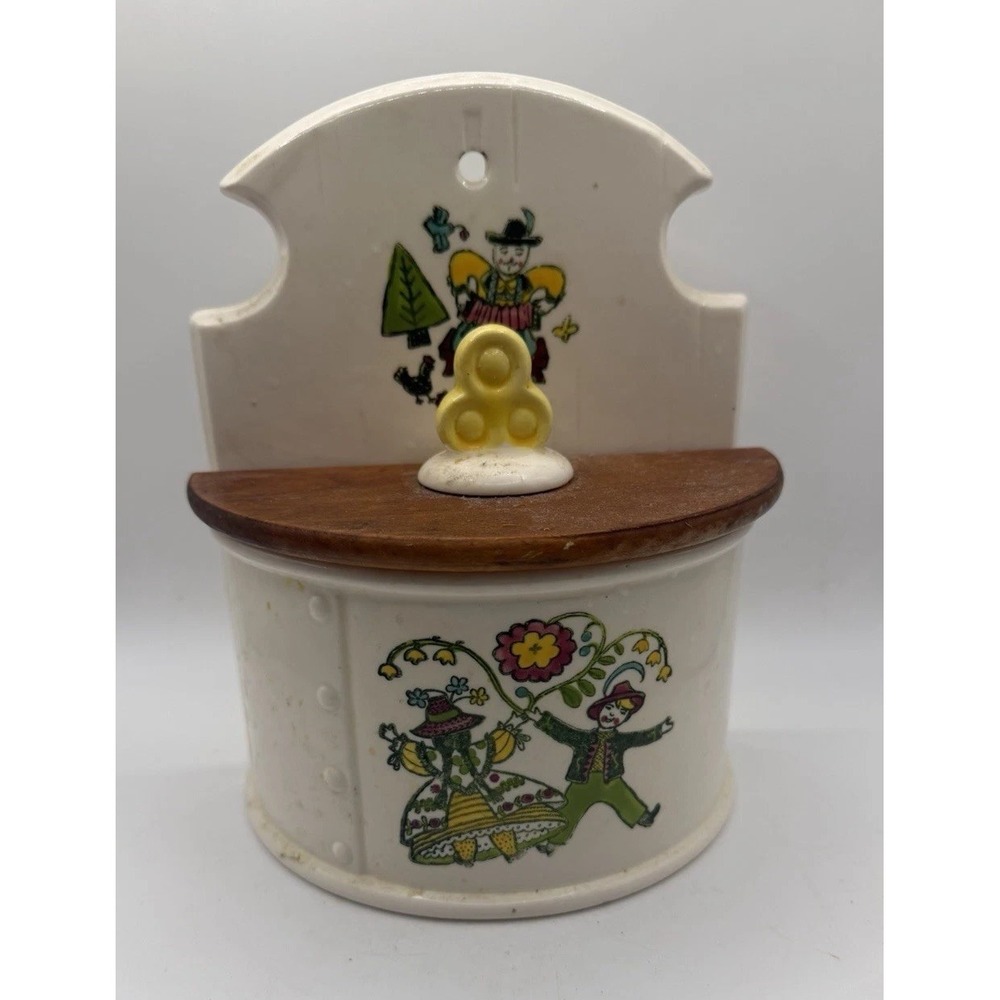 Vintage Metlox Poppytrail Happy Time Salt Box Wood Lid Wall Mount California